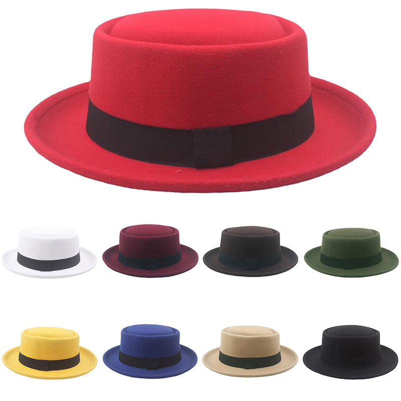 Women Men Flat Top Hat Wide Brim Felt Fedora Hats Winter Autumn Imitation Woolen Round Cap Simple Church Derby Jazz Hat Caps