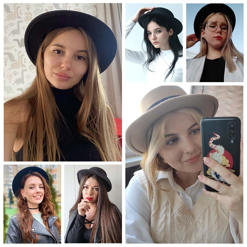Women Men Flat Top Hat Wide Brim Felt Fedora Hats Winter Autumn Imitation Woolen Round Cap Simple Church Derby Jazz Hat Caps