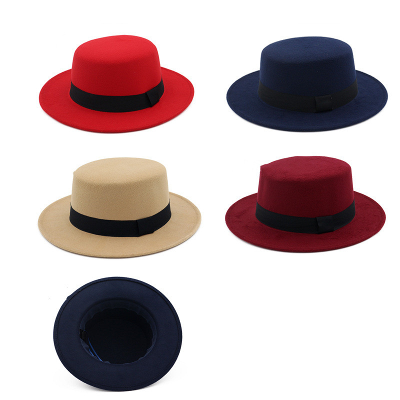 Women Men Flat Top Hat Wide Brim Felt Fedora Hats Winter Autumn Imitation Woolen Round Cap Simple Church Derby Jazz Hat Caps