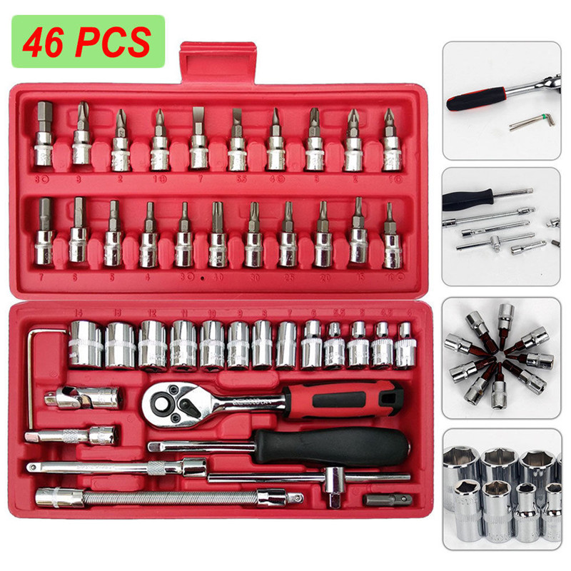 46pcs/set Hand Tool Sets Car Repair Tool Kit Set Mechanical Tools Box for Home 1/4inch Socket Wrench Set Ratchet Screwdriver Kit