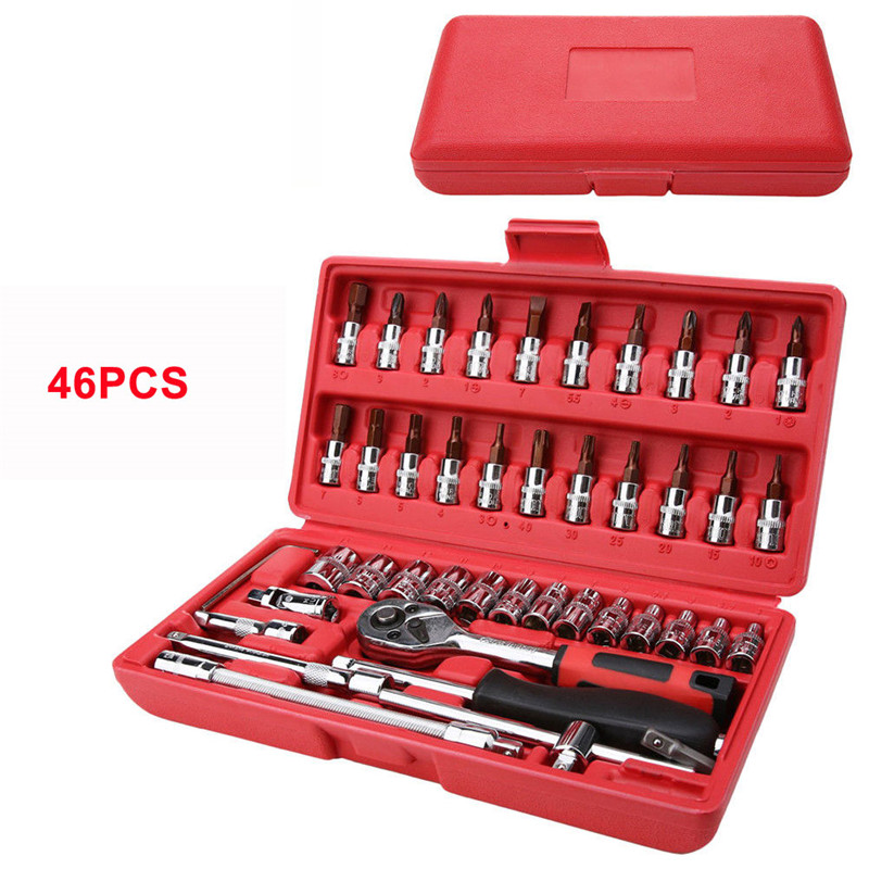 46pcs/set Hand Tool Sets Car Repair Tool Kit Set Mechanical Tools Box for Home 1/4inch Socket Wrench Set Ratchet Screwdriver Kit