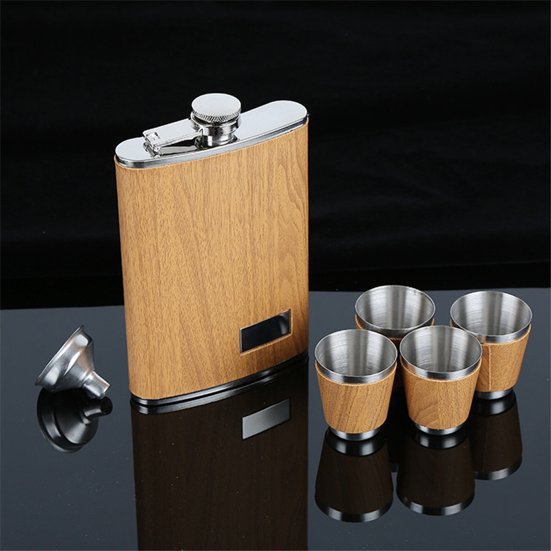 9 oz Wooden Hip Flask Set With 1 Funnel and 4 Cups Whiskey Wine Stainless Steel Flagon Bottle Travel Drinkware For Gifts
