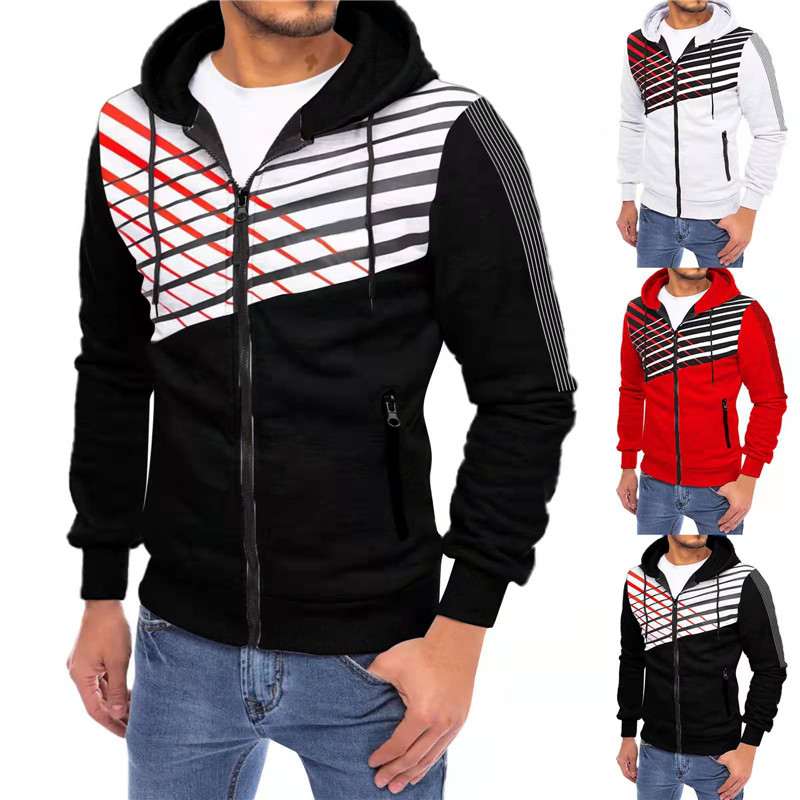 Hooded Long Sleeve Men Jacket Coat Drawstring Zipper Closure Printing Casual Hoodies Sweatshirt Outerwear Male Clothing