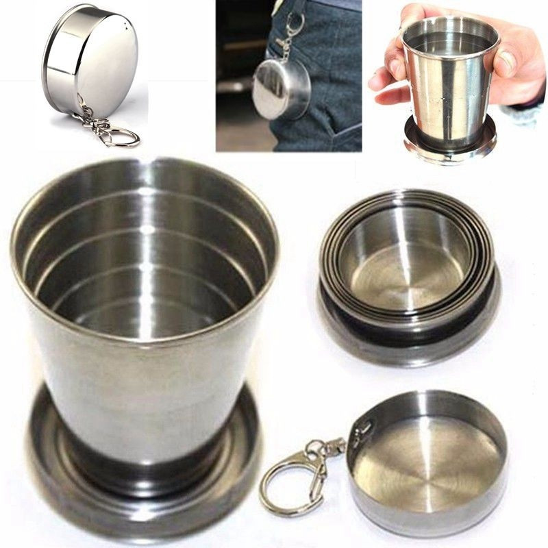 2PCS Stainless Steel Folding Cup Portable Outdoor Travel Camping Telescopic Cup with Keychain 75ml Water Coffee Mug Handcup