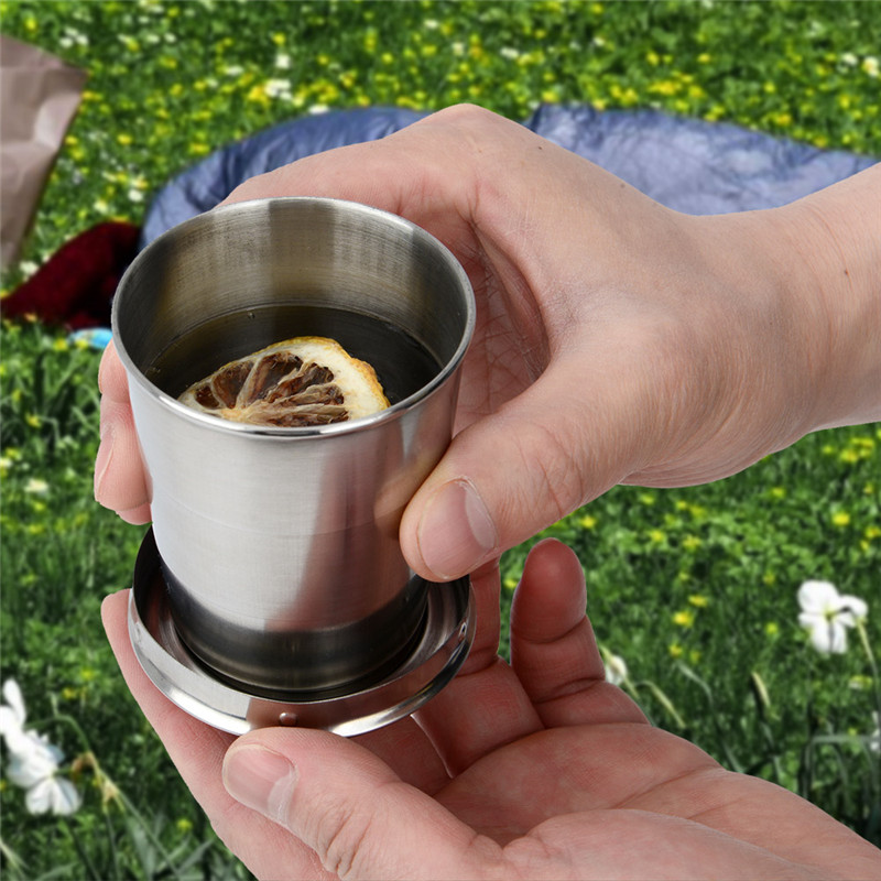 2PCS Stainless Steel Folding Cup Portable Outdoor Travel Camping Telescopic Cup with Keychain 75ml Water Coffee Mug Handcup