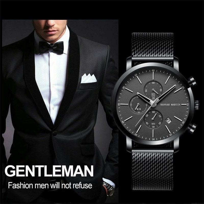 Hannah Martin Business Fashion Men Quartz Watch Luxury Brand Steel Strap Wristwatch Waterproof Mens Clock Boys Watches