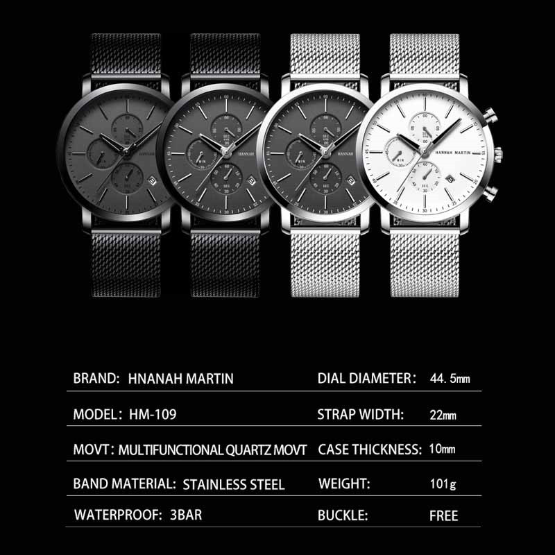 Hannah Martin Business Fashion Men Quartz Watch Luxury Brand Steel Strap Wristwatch Waterproof Mens Clock Boys Watches
