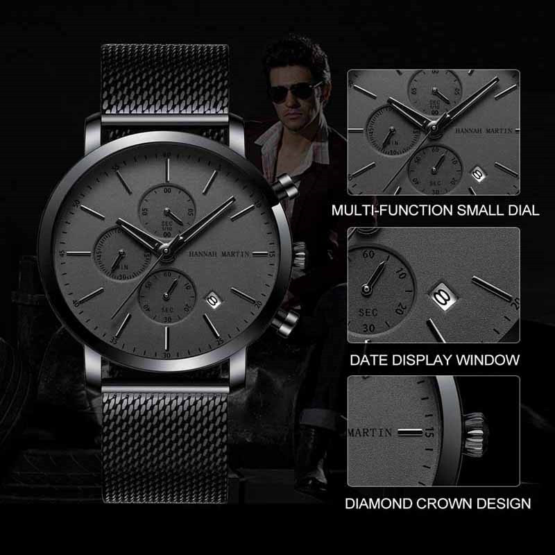 Hannah Martin Business Fashion Men Quartz Watch Luxury Brand Steel Strap Wristwatch Waterproof Mens Clock Boys Watches