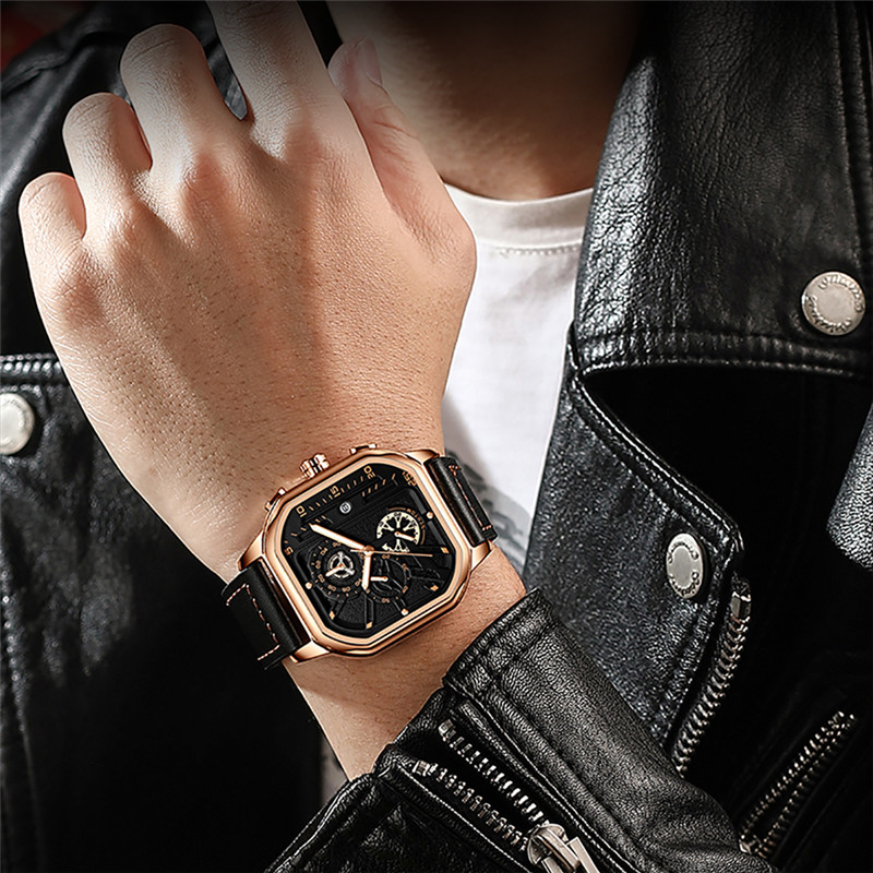 Luxury Business Square Watch Calendar Waterproof Leather Strap Wristwatch Men Fashion Sport Quartz Watch Luminous Watches Clock