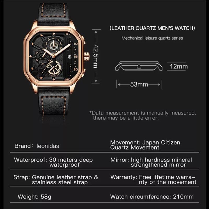 Luxury Business Square Watch Calendar Waterproof Leather Strap Wristwatch Men Fashion Sport Quartz Watch Luminous Watches Clock