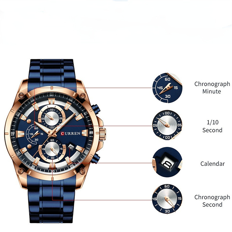 CURREN Men's Fashion Waterproof Sport Quartz Watch Chronograph Wristwatch Luxury Stainless Steel Watches Clock With Luminous
