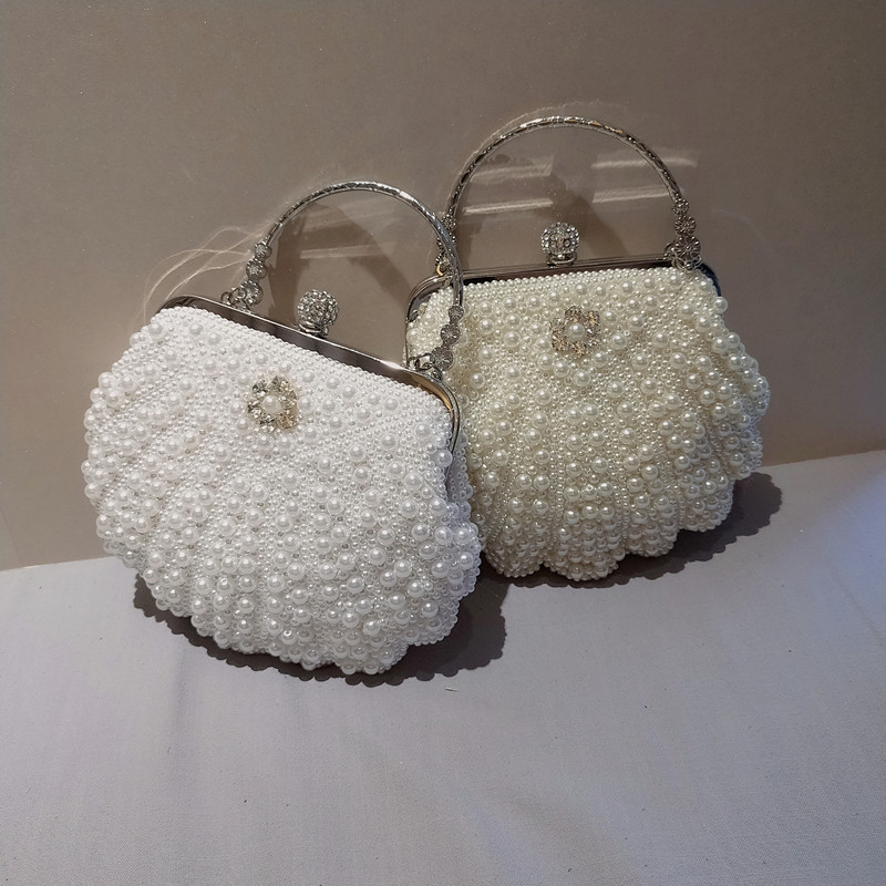 Fashion Women Evening Bags Pearl Beaded Handmade Diamonds Chain Shoulder Messenger Bag Tote Crystal Wedding Clutch Pearl Handbag
