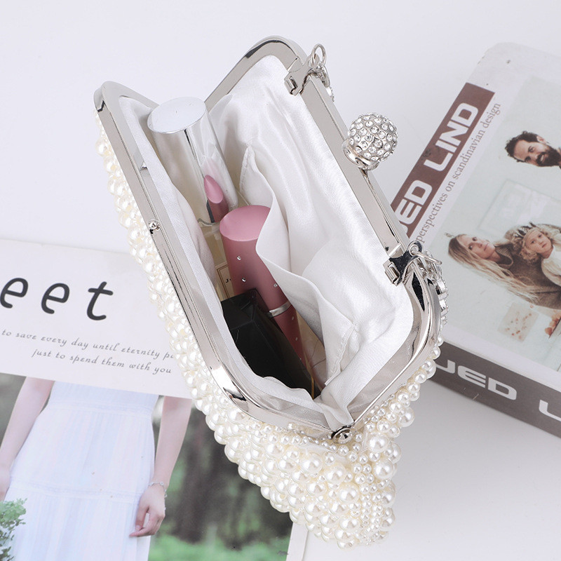 Fashion Women Evening Bags Pearl Beaded Handmade Diamonds Chain Shoulder Messenger Bag Tote Crystal Wedding Clutch Pearl Handbag