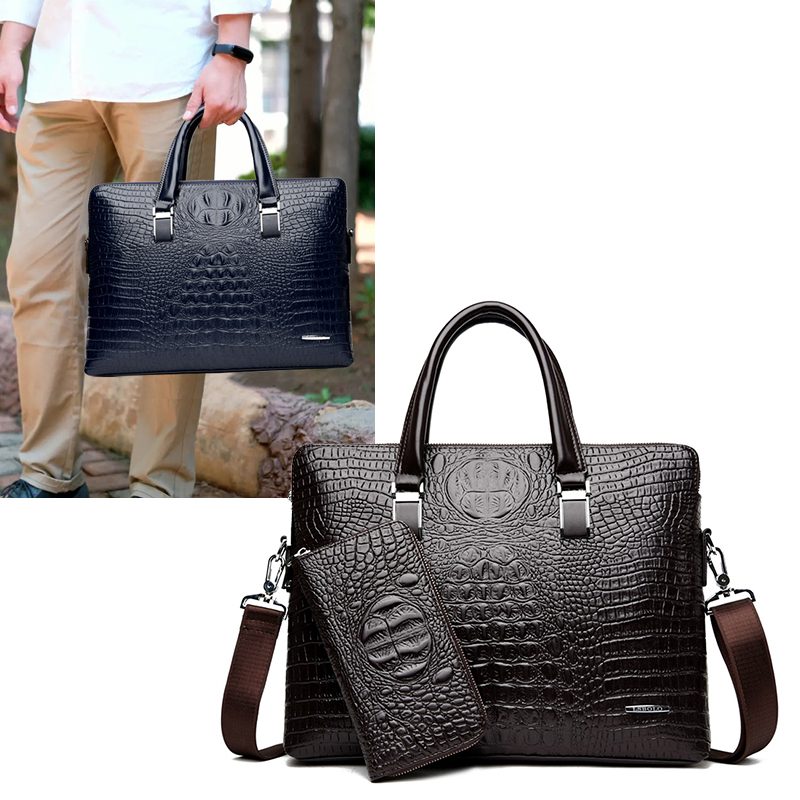 Luxury Double Layer Men's Handbag Men Briefcase Leather Crocodile Pattern Shoulder Bags Male Business Tote Men Laptop Bag