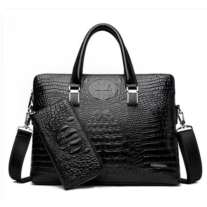 Luxury Double Layer Men's Handbag Men Briefcase Leather Crocodile Pattern Shoulder Bags Male Business Tote Men Laptop Bag