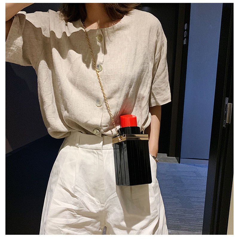 Women Acrylic Black White Chain Shoulder Bag Lipstick Shape Evening Clutches Bags Purse Clutch Vintage Evening Elegant Handbag
