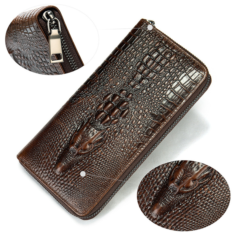 Genuine Leather Long Men Wallet Zipper Pocket Card Holde Male Business Purse Crocodile Coin Pocket Cowhide Men Clutch Bag