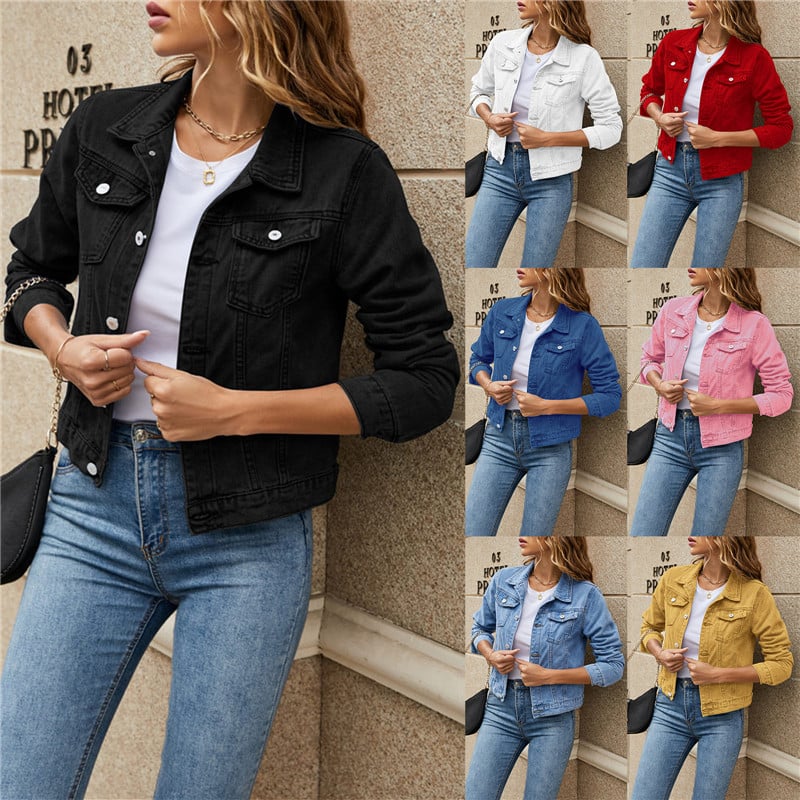 Spring Autumn Women Denim Jacket Solid Color Lapel Flap Pockets Cardigan Coat Buttons Slim Fit Women Streetwear Outerwear