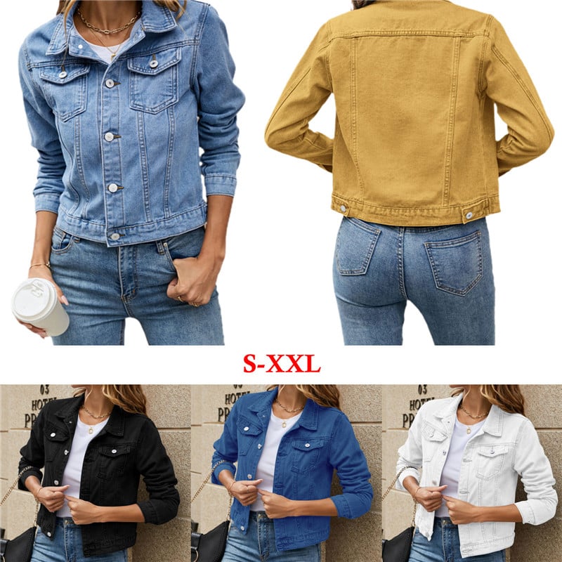 Spring Autumn Women Denim Jacket Solid Color Lapel Flap Pockets Cardigan Coat Buttons Slim Fit Women Streetwear Outerwear