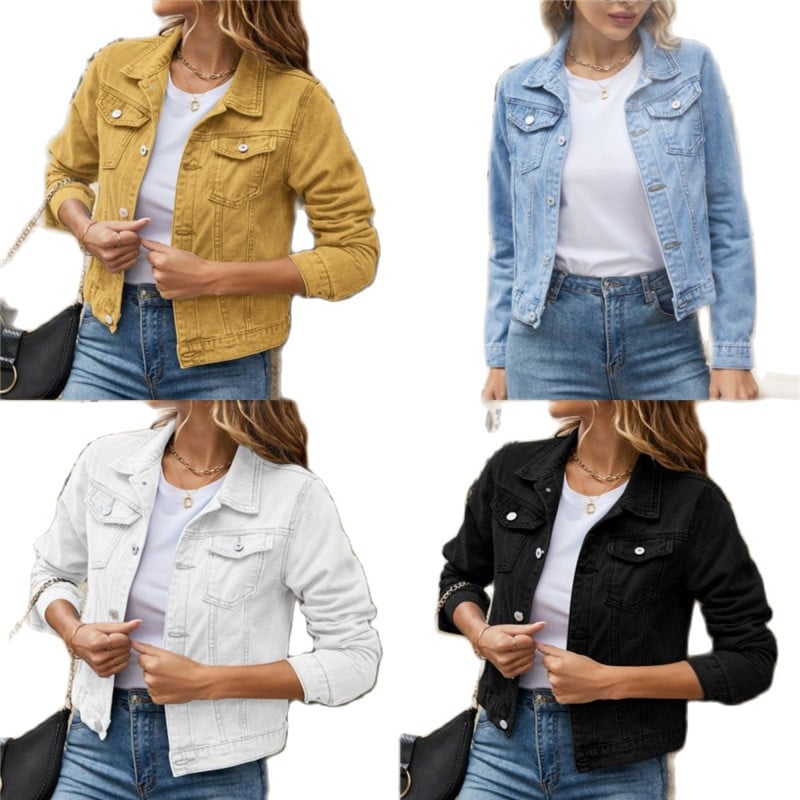 Spring Autumn Women Denim Jacket Solid Color Lapel Flap Pockets Cardigan Coat Buttons Slim Fit Women Streetwear Outerwear