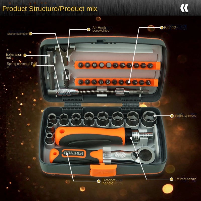 38pcs Torque Socket Wrench Set Household Ratchet Handle Wrench Combination Car Tool Set Hardware Manual Toolbox Screwdriver Set