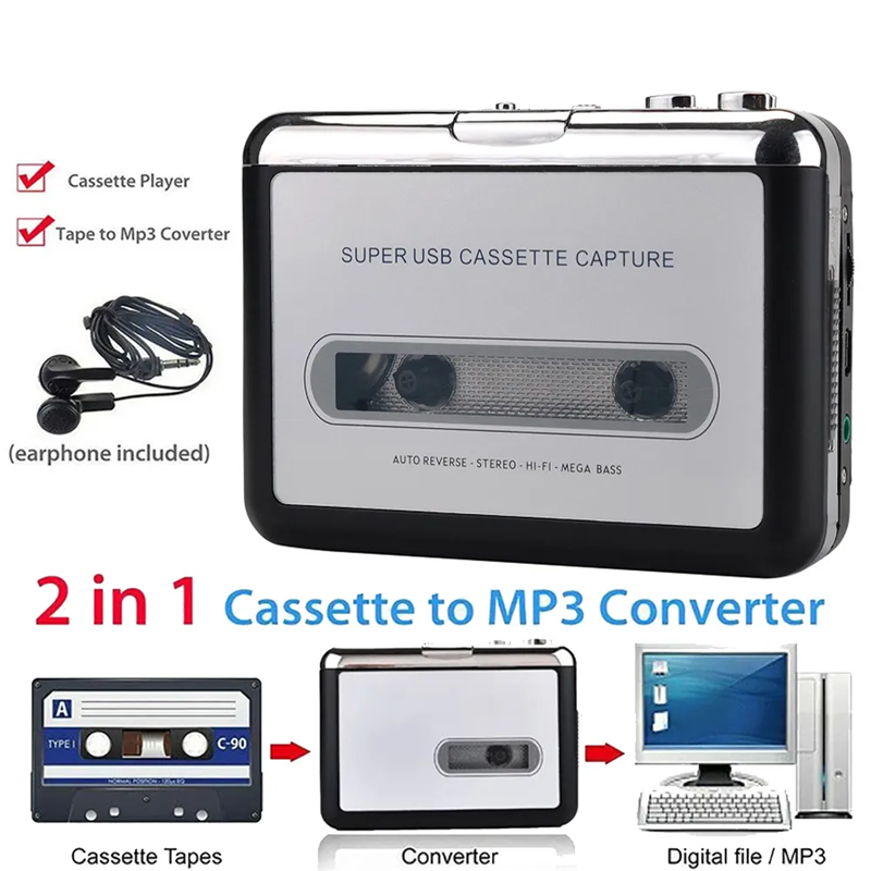 USB Cassette Player Radio Portable Tape Convert Player Tape to MP3/CD Format Capture MP3 Audio Music Via USB Built-in Speaker