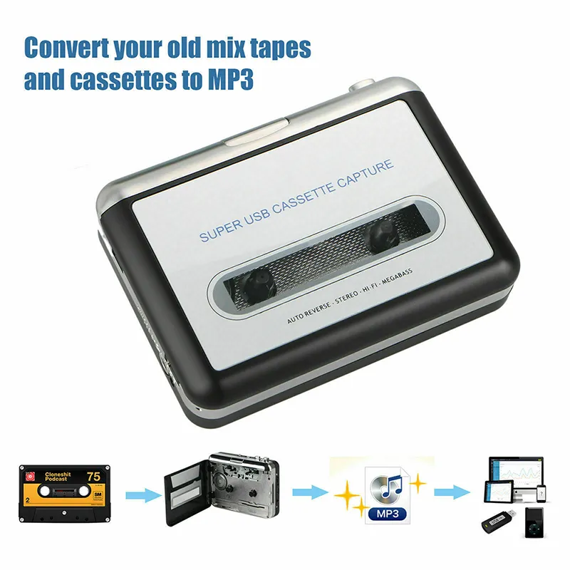 USB Cassette Player Radio Portable Tape Convert Player Tape to MP3/CD Format Capture MP3 Audio Music Via USB Built-in Speaker