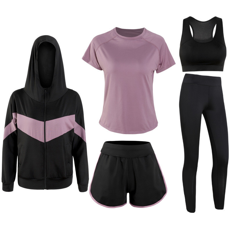 5pcs/set Yoga Exercise Suit Women Autumn and Winter Gym Running Loose Quick-Drying Top Bra Pants Workout Clothes Sportswear Set