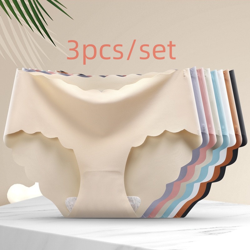 3pcs/set Seamless Underwear Female Slip Silk Women Plain Color Panties Lady Ruffle Underpants Girls Briefs Smooth Panty Lingerie