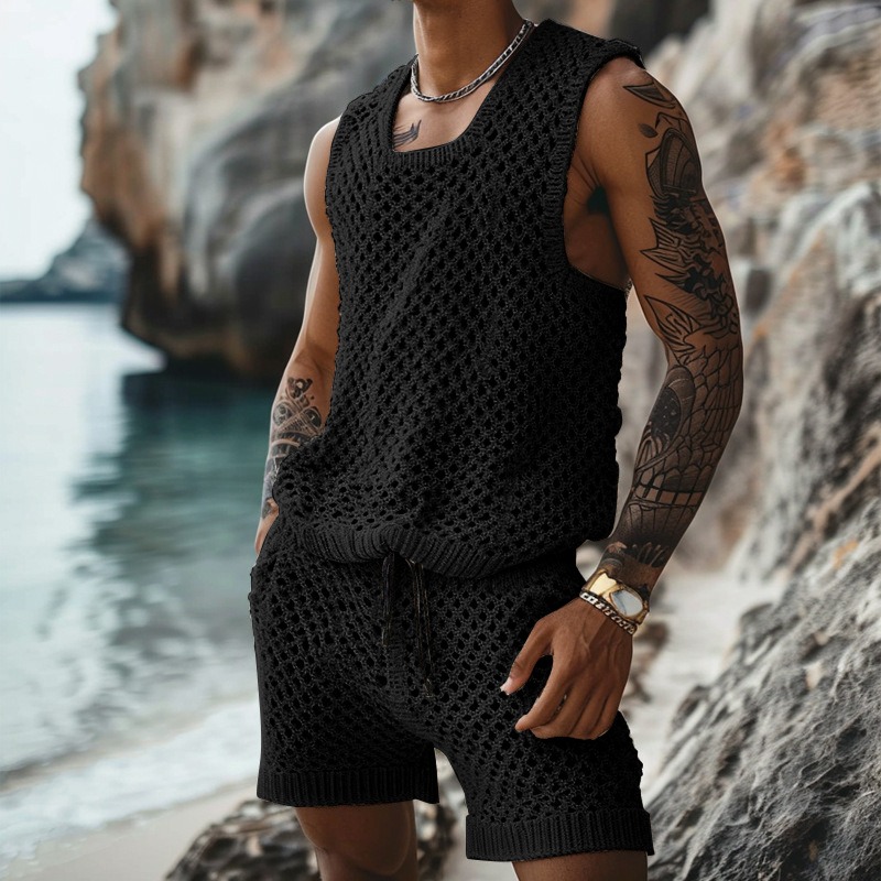Men's Suit Summer Leisure Knit Clothing Solid Hollow Out Casual Sleeveless Vest Short Sleeve T-shirt Two Piece Set Men Outfits