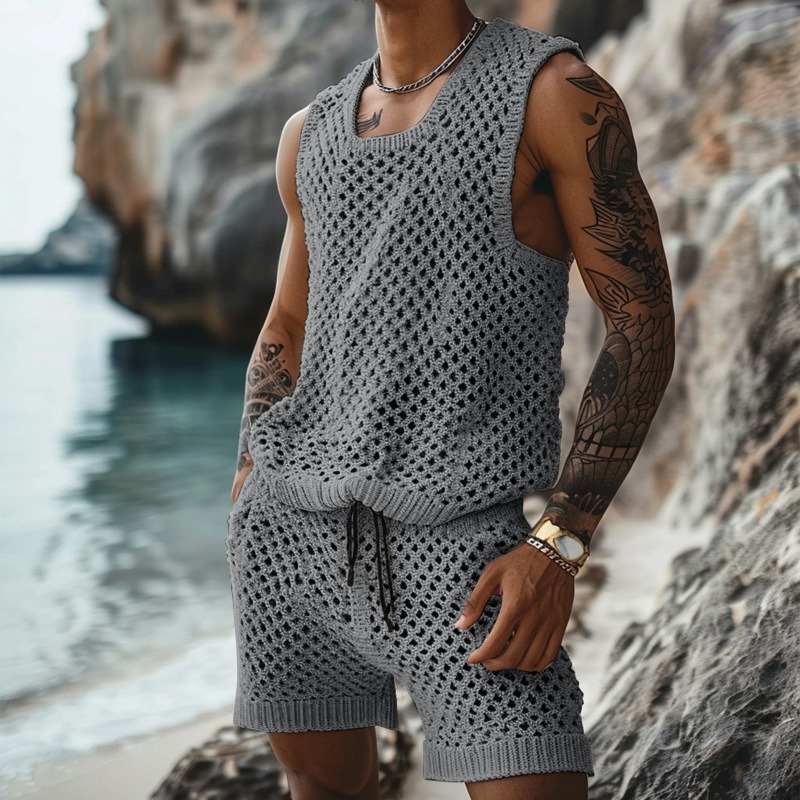 Men's Suit Summer Leisure Knit Clothing Solid Hollow Out Casual Sleeveless Vest Short Sleeve T-shirt Two Piece Set Men Outfits