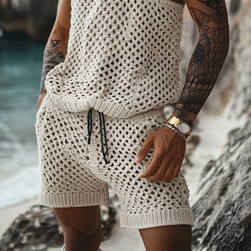 Men's Suit Summer Leisure Knit Clothing Solid Hollow Out Casual Sleeveless Vest Short Sleeve T-shirt Two Piece Set Men Outfits