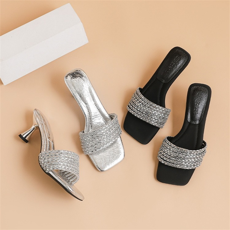 New Shiny Rhinestone Fashion Ladies Slippers Outdoor Women Sexy Open Toe Shoes High Heels Sandals Female Casual Crystal Slides