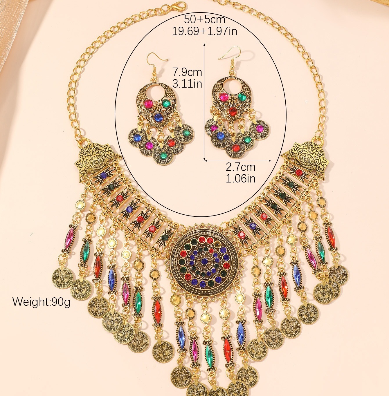 Ethnic Style Tribe Colored Metal Coin Women's Jewelry Set Banquet Beach Party Exquisite Gifts Elegant Retro Necklace Earring Set