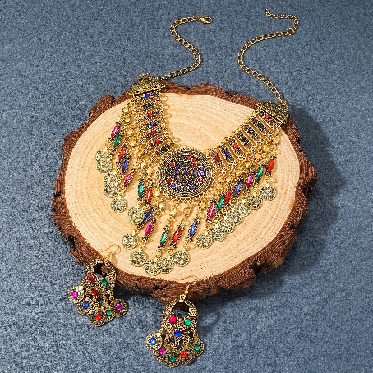 Ethnic Style Tribe Colored Metal Coin Women's Jewelry Set Banquet Beach Party Exquisite Gifts Elegant Retro Necklace Earring Set