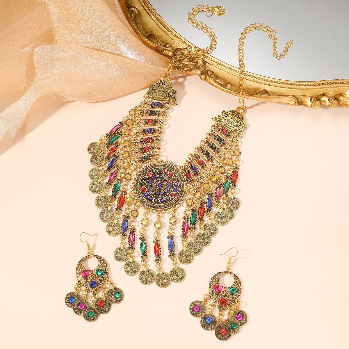 Ethnic Style Tribe Colored Metal Coin Women's Jewelry Set Banquet Beach Party Exquisite Gifts Elegant Retro Necklace Earring Set