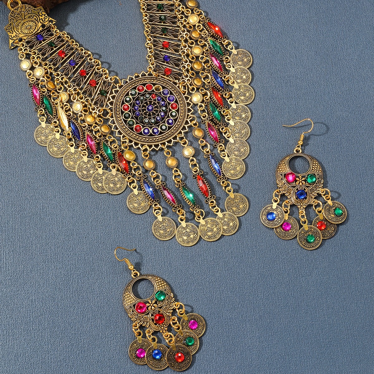 Ethnic Style Tribe Colored Metal Coin Women's Jewelry Set Banquet Beach Party Exquisite Gifts Elegant Retro Necklace Earring Set