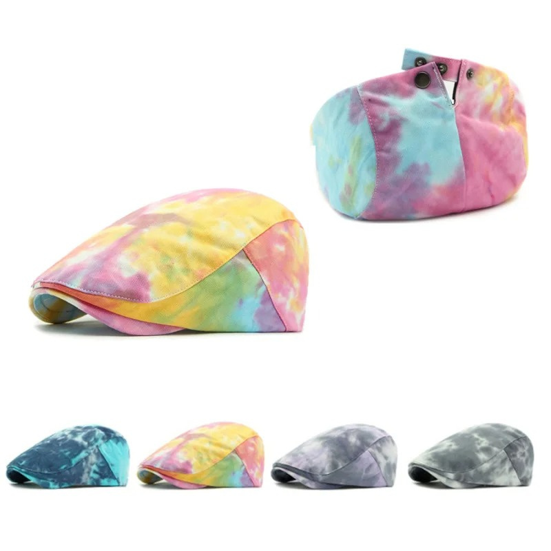 Tie Dye Berets Artist Painter Hat Male Gradient Flat Peaked Cap Fashion Vintage Spring Summer Newsboy Sun Hat Men and Women