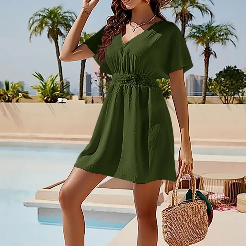Party Dresses Beach Sunscreen Skirt Casual V Neck Pleated Dress For Women Vestido Mujer Elegante Dresses Women Mini Skirt