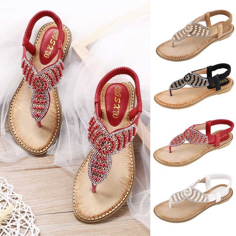 Luxury Summer Ladies Sandals Crystal Pearl Women's Shoes Solid Color Flip Flops Round Toe Elastic Band Beach Flat Sandals