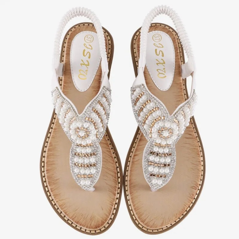 Luxury Summer Ladies Sandals Crystal Pearl Women's Shoes Solid Color Flip Flops Round Toe Elastic Band Beach Flat Sandals