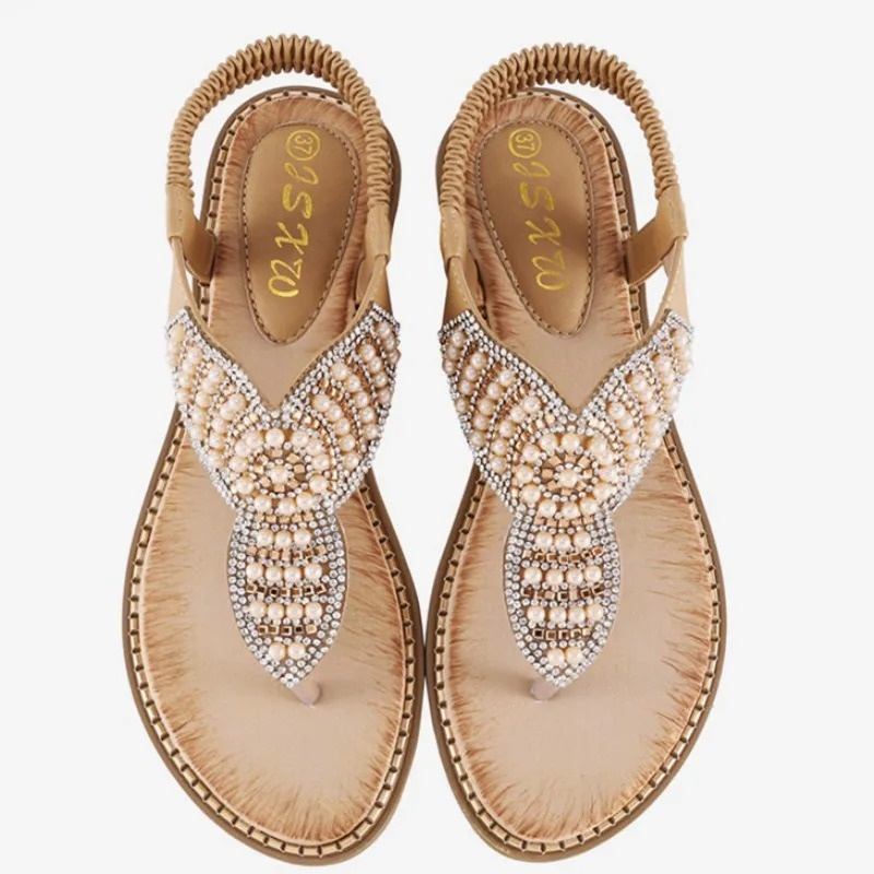 Luxury Summer Ladies Sandals Crystal Pearl Women's Shoes Solid Color Flip Flops Round Toe Elastic Band Beach Flat Sandals