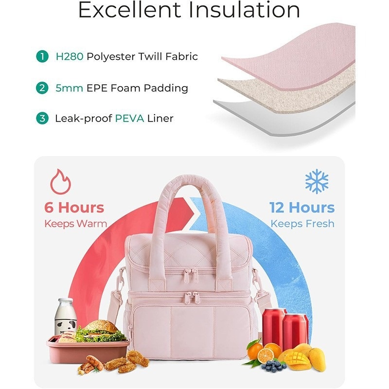 Double-layer Insulated Lunch Bag Women Thermal Bento Bag Lunch Box Leak-proof Durable Reusable Portable Picnic Bag Handbag
