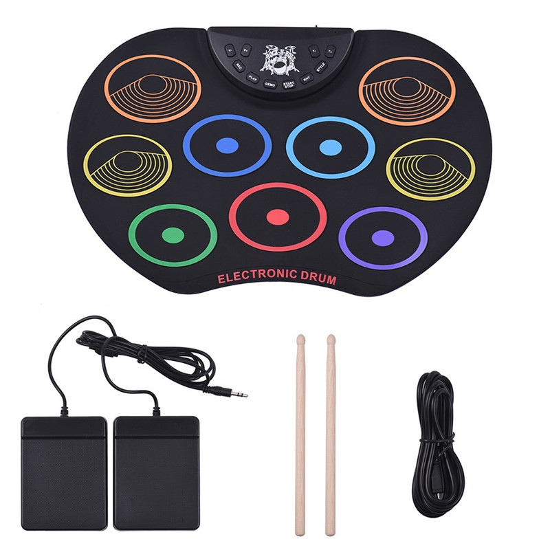 Portable Digital USB 9 Pads Colorful Roll Up Drum Set Silicone Electronic Drum Kit with Drumsticks and Sustain Pedal