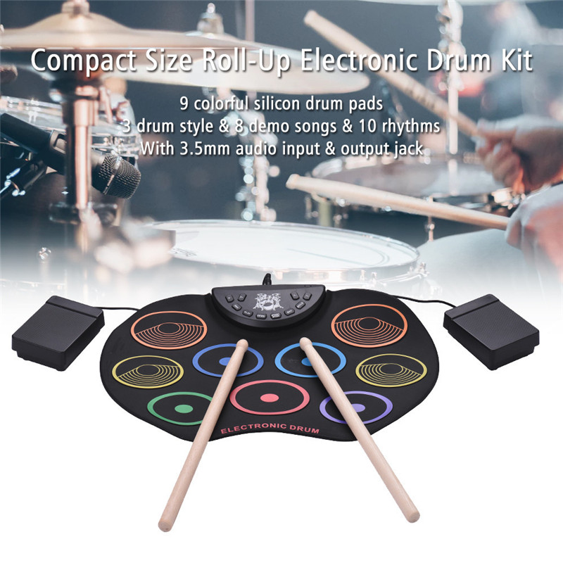 Portable Digital USB 9 Pads Colorful Roll Up Drum Set Silicone Electronic Drum Kit with Drumsticks and Sustain Pedal