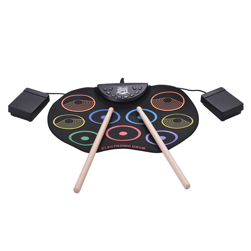 Portable Digital USB 9 Pads Colorful Roll Up Drum Set Silicone Electronic Drum Kit with Drumsticks and Sustain Pedal