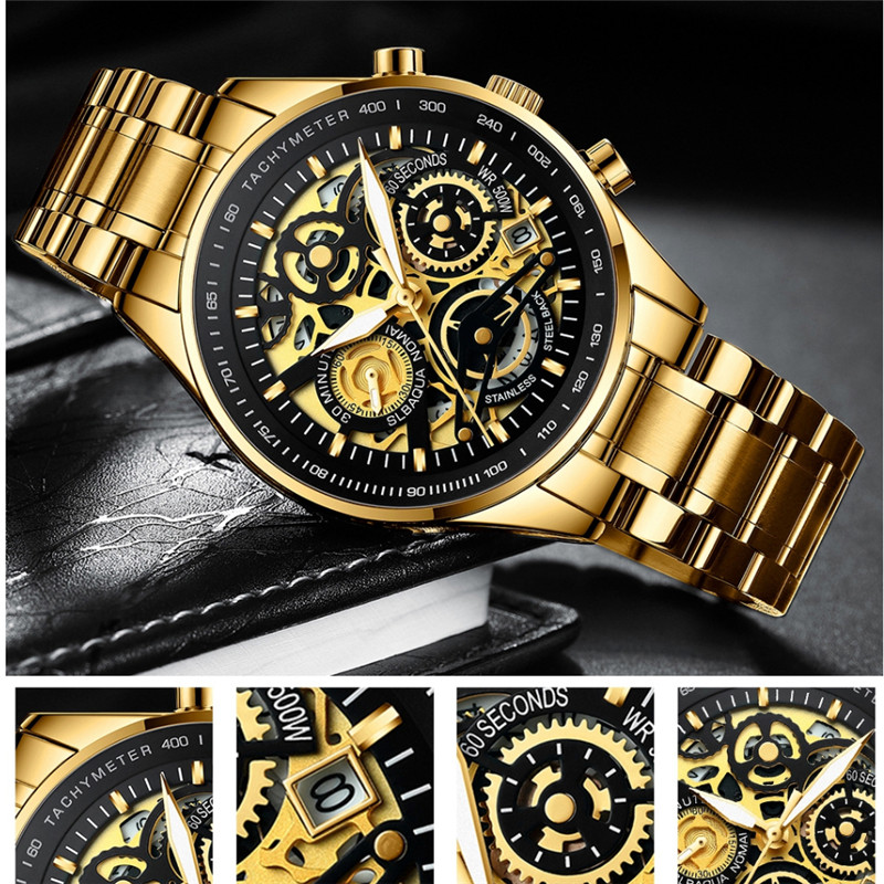 Luxury Brand NEKTOM Sport Watch Men Gold Stainless Steel Quartz Watch Waterproof Wrist Watches Solid Steel Strap Clock