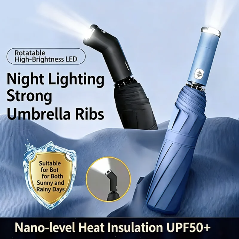 10-Bone Frame LED Flashlight Umbrella Waterproof Windproof Design Automatic Umbrella UV Protection Three Fold Folding Umbrella
