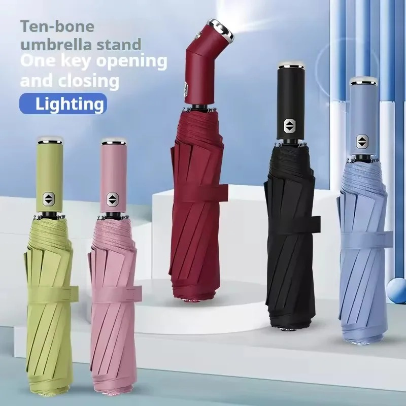 10-Bone Frame LED Flashlight Umbrella Waterproof Windproof Design Automatic Umbrella UV Protection Three Fold Folding Umbrella