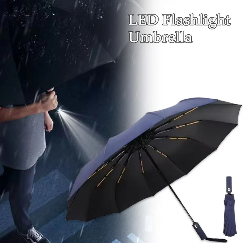 10-Bone Frame LED Flashlight Umbrella Waterproof Windproof Design Automatic Umbrella UV Protection Three Fold Folding Umbrella